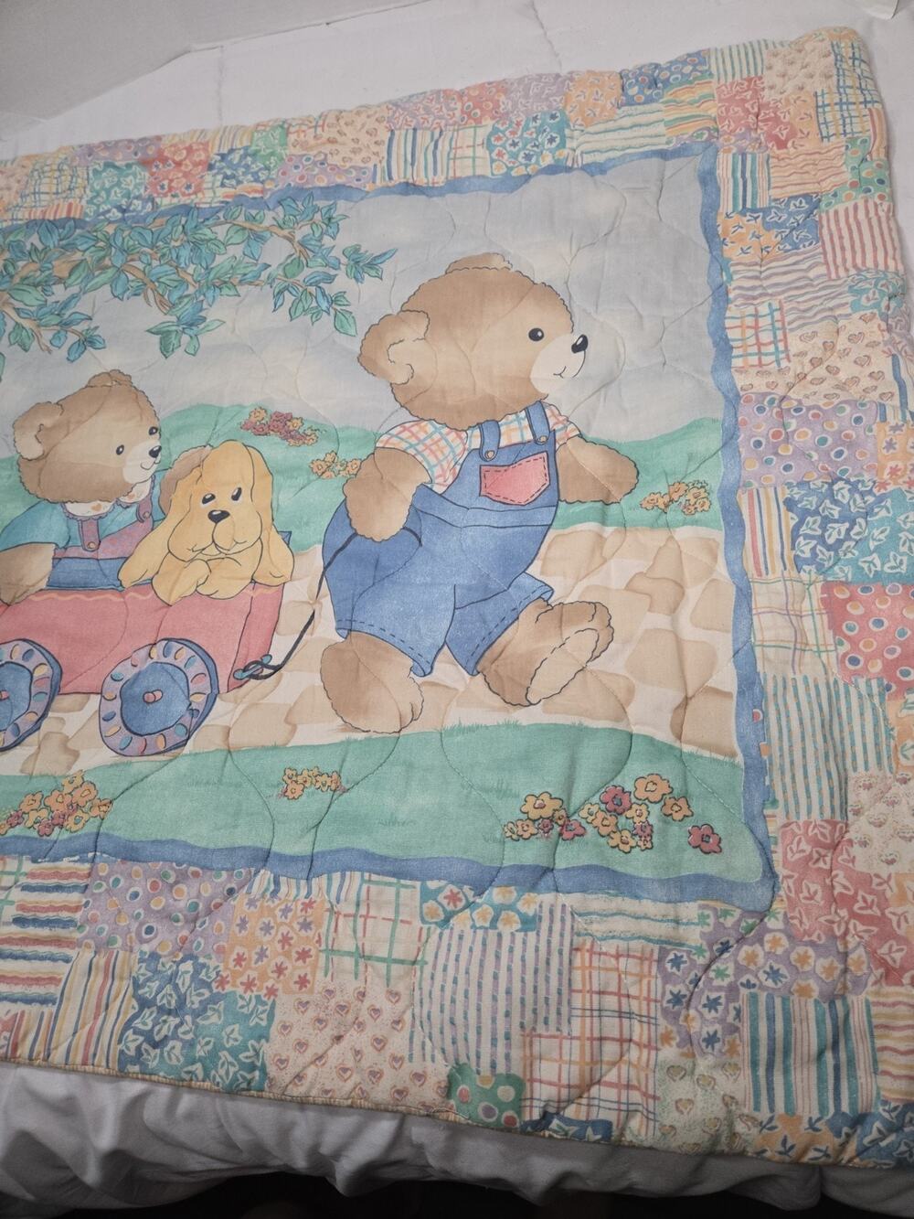 Teddy Bear Baby Quilt Patchwork Vtg Double-Sided 90's Cotton Cottagecore